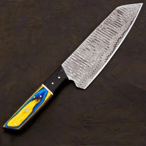 Damascus Steel Knife With Yellow Blue Handle And <b>Black</b> Sheath - Product Image 6