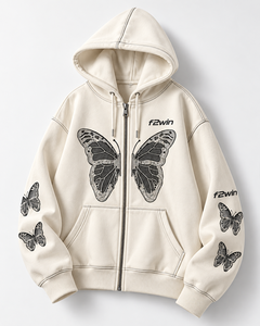 Sweat-shirt à capuche noir zippé pour femme F2win avec motif papillon à sequins – Vêtement décontracté d'automne – Vente en gros – Hoodie papillon noir - Product Image 2