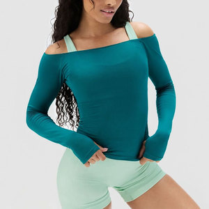 off Shoulder Thumb Hole Cuff Women's <b>Compression</b> Body Fit Four Way Stretch Knitted Quick Dry Yoga Top Shirt Fitness - Product Image 6