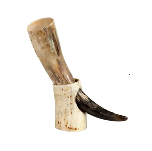 Corne à boire viking authentique fabriquée à la main avec une pointe en laiton doré ornée et un support de présentation en corne polie assorti, traditionnel - Product Image 2
