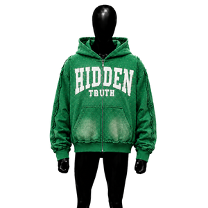 Sudadera con capucha verde con cremallera OVERSIZED HIDDEN TRUTH, estilo urbano, de alta calidad, premium, para invierno, de moda clásica. - Product Image 1