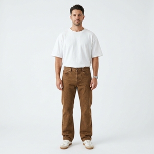 Jean en denim coupe droite pour homme Dravelle, taille haute, coupe classique, broderie florale, coton marron, style décontracté automne - Product Image 6