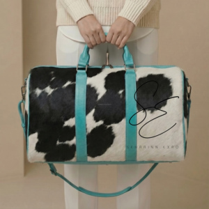 Western Cowhide Leather Duffel Bag Turquoise <b>Large</b> Capacity Weekender Travel Bag Hair-On Hide Crossbody Duffle for Men & Women - Product Image 1