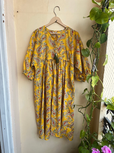 เดรสยาวโบฮีเมียนลายดอกไม้ ผ้าฝ้ายพิมพ์ลายด้วยมือ คอกลม แขนยาว ลายดอกไม้ ชุดลำลอง เดรสยาว - Product Image 5