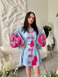 Robe courte en coton bohème pour femmes, broderie florale épaisse, manches bouffantes, ceinture à franges, coupe ample, mini-robe - Product Image 3