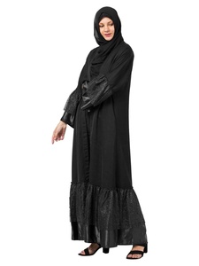 Women's Black Abaya Floor Length Loose Fit Long Sleeve Embroidered Floral Modest Daily Wear Middle East Style Cotton <b>Dress</b> - Product Image 1