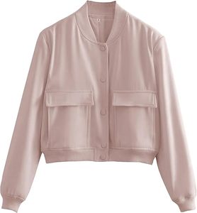Chaqueta Bomber de Cuero Sintético Rosa para Mujer, Estilo Casual, Cuello Alto, Manga Larga, Cierre de Botones, Color Sólido, Ropa de Abrigo para Otoño - Product Image 3
