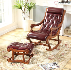 Ensemble de chaise à bascule en bois luxueuse avec coussin en cuir bordeaux capitonné et ottoman, disponible à prix de gros. - Product Image 1