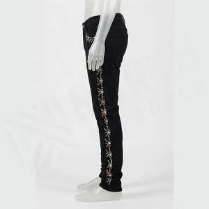 Jean slim taille haute en denim foncé pour homme, broderie sequin, coupe droite, style décontracté automne, pantalon en coton - Product Image 3
