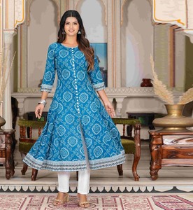 Blue Bandhej Printed <b>Kurti</b> Collection Anarkali <b>Kurti</b> And Cambric Slub Short <b>Kurti</b> Ethnic Women Clothing Stylish Daily Wear - Product Image 6
