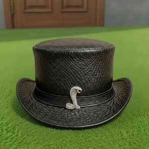 Premium quality custom made Handmade Black Leather <b>Top</b> Hat Gothic Steampunk with Metal Emblem Cosplay Festival Style - Product Image 1