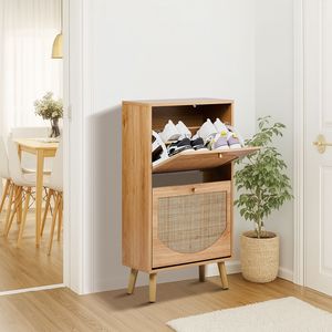 Scarpiera a 2 livelli inclinabile salvaspazio per ingresso con superficie in rattan arcuato, MDF Triamine 54*24*98cm, colore legno naturale - Product Image 1