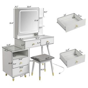Coiffeuses FCH avec 4 tiroirs, étagère à 2 niveaux, miroir, pieds en bois massif, décoration en cuivre, panneau de particules rainuré, revêtement mélaminé - Product Image 5
