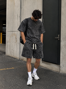 Ensemble T-shirt et short délavé pour homme, tenue décontractée d'été deux pièces, streetwear personnalisé, vêtements en coton, vente en gros, usine de vêtements - Product Image 6