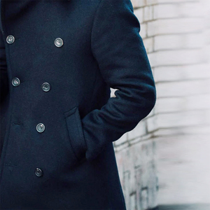 Navy Blue Color Adult <b>Men's</b> <b>Pea</b> <b>Coat</b> Slim Fit Notched Collar Eco Friendly Straight Fit Wool Peacoat With Side Pocket - Product Image 2
