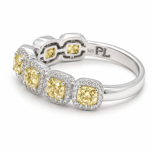 Anillo Halo de Plata de Ley 925 con Diamante Amarillo Cultivado en Laboratorio, Corte Cojín, 1.50CT, Diamante CVD, Banda de Diseño - Product Image 1