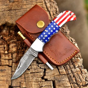 Premium Stainless Steel Straight Edge Folding Pocket Knife Handmade Hunting Camping Survival EDC Leather Sheath Custom Logo OEM - Product Image 1