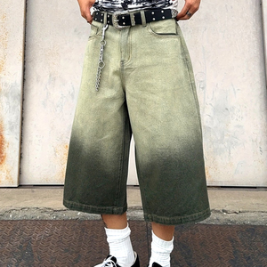 2026 Fashion Men's <b>Green</b> Gradient Wash <b>Denim</b> Jorts Vintage Loose Fit Wide Leg <b>Denim</b> <b>Shorts</b> Streetwear Custom Logo Cargo Jorts - Product Image 1