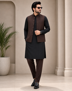 <b>Men's</b> Black <b>Kurta</b> With Brown Waistcoat And Trouser Traditional Indian Pakistani Casual Wear Regular Cotton Outfit - Product Image 6