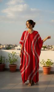 Vestido Maxi Kaftan Bohemio de Alta Calidad, Ecológico, 100% Algodón, con Encaje, Tie Dye, Cintura Elástica, Mangas Dolman, Lavable - Product Image 4