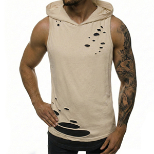Bulk Wholesale Men's Ripped Sleeveless Hoodie Custom Colours Logo <b>Distressed</b> Muscle Tee Layered Gym Streetwear Workout Tank <b>Tops</b> - Product Image 5