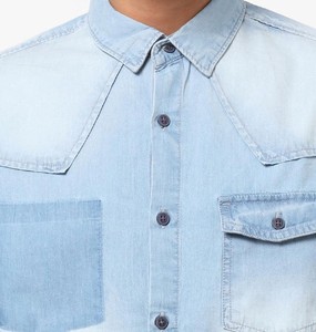 Chemise en jean bleu clair pour homme, manches longues, effet délavé, coton, coupe décontractée, col rabattu, avec poches, style été - Product Image 6