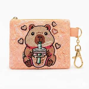 Pochette à monnaie perlée faite à la main avec fermeture éclair, motif étoile et papillon, rivets, pochette de poignet tendance avec chaîne, souple, grande taille, personnalisable pour femme - Product Image 2