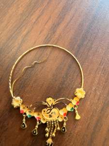 Anillo de nariz de oro macizo de 22k, joyería nupcial tradicional india, diseño de aro con esmalte floral de pavo real, tamaño grande, alambre para perforación. - Product Image 4