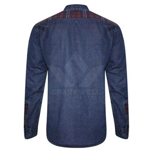 Men's Washed Denim <b>Shirt</b> Long Sleeve Button Down Plaid <b>Patchwork</b> Casual Cotton Jean <b>Shirt</b> with Chest Pockets - Product Image 3