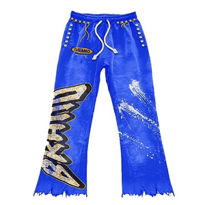 Conjunto de Dos Piezas de Chándal Azul Rey Y2K con Logotipo Personalizado para Hombre, Sudadera Corta con Estampado Vintage y Pantalones Acampanados de Forro Polar Grueso - Product Image 4