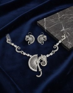 Unique <b>Elephant</b> and Fan Motif American Diamond Necklace Set Luxury CZ Crystal Animal Pendant Choker with Earrings Bridal Fashion - Product Image 2