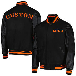 Chaqueta Varsity Negra para Hombre con Ribete Naranja, Mangas de Cuero PU, Logotipo Bordado en la Parte Delantera, Cuello Camisero, Casual, Invierno, Impermeable - Product Image 2