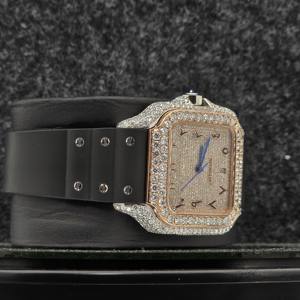 Luxury Mechanical Stainless Steel Moissanite Round Cut Half <b>Iced</b> <b>Out</b> <b>Watch</b> with Black Leather Strap Classic Date Roman Features - Product Image 2