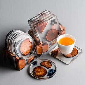 Hot Sale <b>Square</b> & Round Design Wood Resin Coaster with Holder <b>Set</b> Tea & Coffee Cup Mats & Pads - Product Image 3