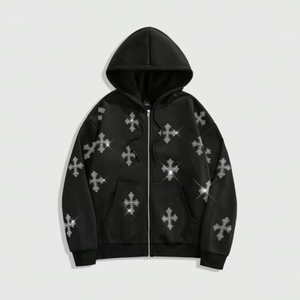 Sudadera con capucha personalizada para mujer, estilo gótico, con cruz de diamantes de imitación, cierre de cremallera, 350GSM, algodón grueso, forro polar, con cristales brillantes, estilo urbano. - Product Image 1