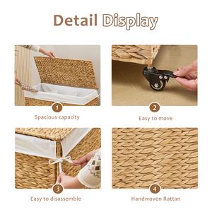 Cesto para Ropa Sucia de 165L, 3 Secciones, Tejido con Jacinto de Agua Natural, con Tapa y Ruedas, Diseño Rodante para Mayor Comodidad - Product Image 4