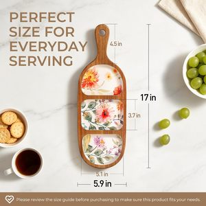 Bandeja de Servir Desechable con Esmalte Floral para Bodas, de Madera de Acacia, con 3 Compartimentos, Cuadrada, para Queso, con Asa Decorativa, Apta para Lavavajillas - Product Image 2