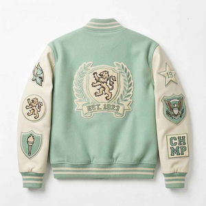 เสื้อแจ็คเก็ตวาร์ซิตี้สีเขียวมิ้นท์สำหรับผู้ชาย สไตล์พรีปปี้ ปักตัวอักษร A ดีไซน์ปกเสื้อพับได้ ทรงปกติ เหมาะสำหรับใส่ในฤดูใบไม้ร่วง ทรงผู้ชาย - Product Image 2