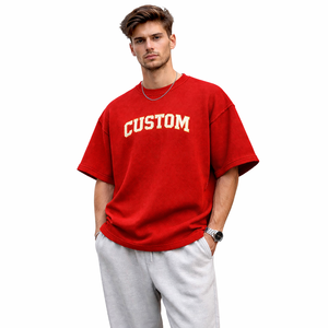 T-shirt surdimensionné en maille gaufrée avec logo personnalisé pour homme, épaules tombantes, streetwear, coton texturé, t-shirt vierge de haute qualité, OEM ODM - Product Image 6