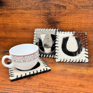 Newest Handmade <b>Horseshoe</b> Cowhide Coasters Set Genuine Leather Drink Coasters Rustic Table Decor Unique Western Hair-on Coasters - Product Image 4
