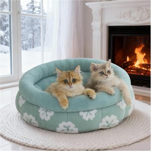 Luxury Heating Washable Round Cat Bed Cute 3D Floral Design Anti-Slip Bottom for Indoor Cats & Dogs 20" Green - Product Image 1