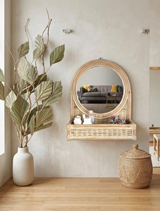 Boho Rattan <b>Mirror</b> With Storage Shelf Handmade Perfect <b>Vanity</b> <b>Mirror</b> With Shelf For <b>Makeup</b> And Skincare Items From India - Product Image 2