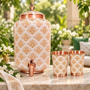 Dispensador de Agua de Cobre con Diseño Único y Elegante, con Tapa y Grifo, Patrón Damasco Blanco y Dorado, Gran Capacidad, Portátil, para Bodas - Product Image 3