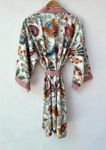 Bata Kimono de Algodón 100% con Estampado de Bloques y Dibujos Animados para Mujer, Suave y Transpirable, Camisón de Verano Hecho a Mano, Cuello en V Elástico, ODM - Product Image 4