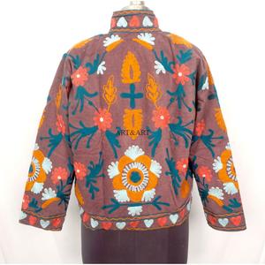 Handmade Floral Embroidery Quilted Cotrise Fabric <b>Jacket</b> Button Detail Cotton Stripe Lining Breathable Eco-Friendly Thick Winter - Product Image 5