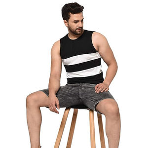 Men Striped <b>Tank</b> <b>Top</b> O-Neck Casual Knitted Sleeveless Shirt <b>Black</b> White Color Blocked - Product Image 6