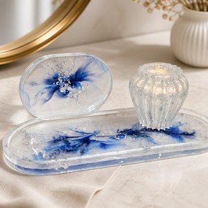 Handmade Resin <b>Vanity</b> <b>Tray</b> Set with Jar | Frosted Blue Floral Decor Organizer - Product Image 5