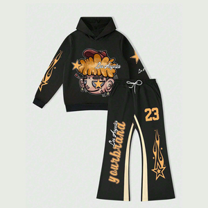 Custom Unisex Streetwear Hoodie Cartoon & Flame Print Long Sleeve Top Drawstring Contrast Color Sweatpants Tracksuit <b>Set</b> - Product Image 1