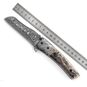 Couteau pliant professionnel en acier Damas - Utilisation pour la chasse et le camping - Qualité industrielle - Longueur totale de 19 cm - Gravure au laser - OEM - Product Image 3