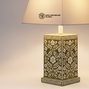 Lanterne de table artisanale verte à motifs floraux avec incrustations en os et abat-jour en tissu, lampe décorative de chevet pour salon et décoration intérieure - Product Image 5